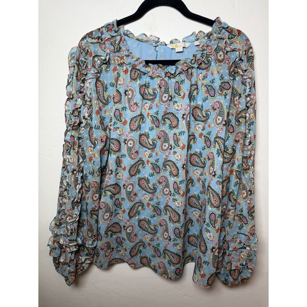 Boden Paisley Ruffle Blouse Sz US 14 UK 18 Blue Multi Floral Statement Sleeve